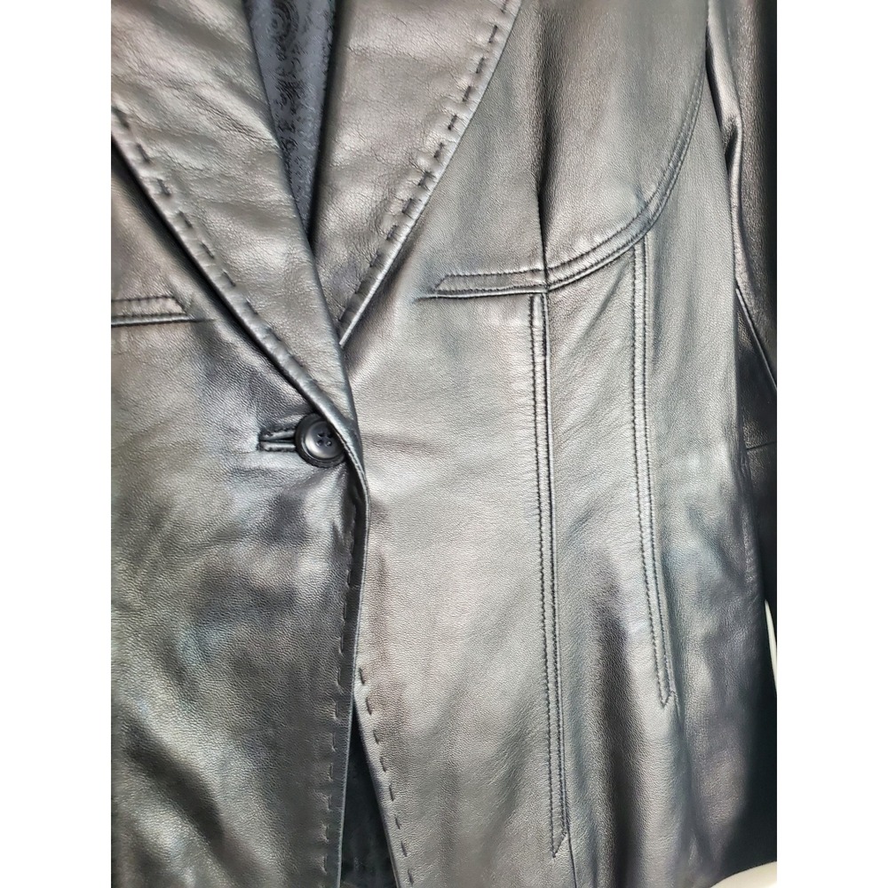 Siena Studio 90s Leather Blazer Black Whipstitch One Button Jacket Size 8 - Picture 4 of 8